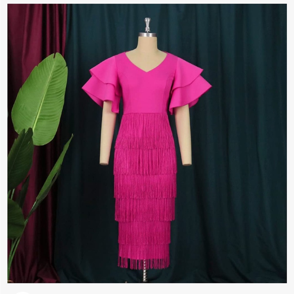 Elegant Fuchsia Tiered Fringe V-Neck Dress